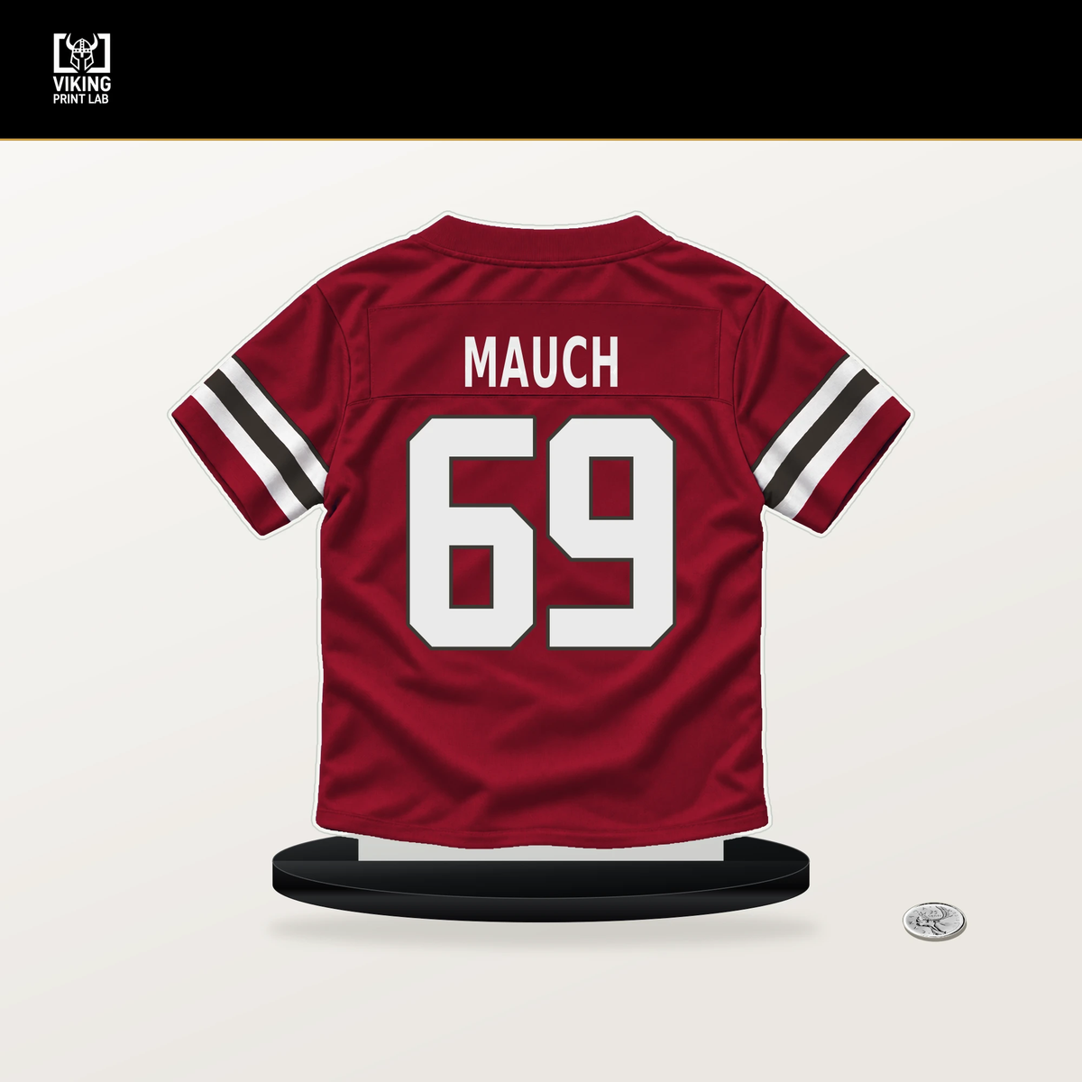 Cody Mauch number 69 Tampa Bay Buccaneers jersey stand with included black base.