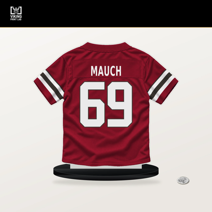 Cody Mauch number 69 Tampa Bay Buccaneers jersey stand with included black base.