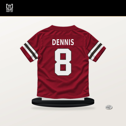 SirVocea Dennis number 8 Tampa Bay Buccaneers jersey stand with included black base.