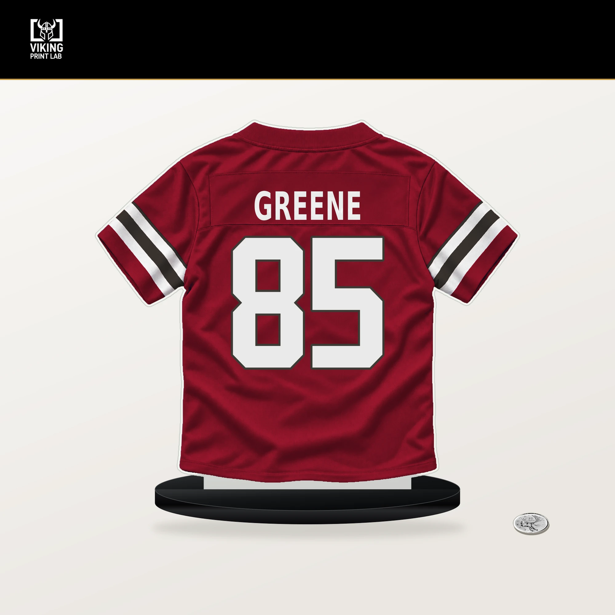 Garrett Greene number 85 Tampa Bay Buccaneers jersey stand with included black base.