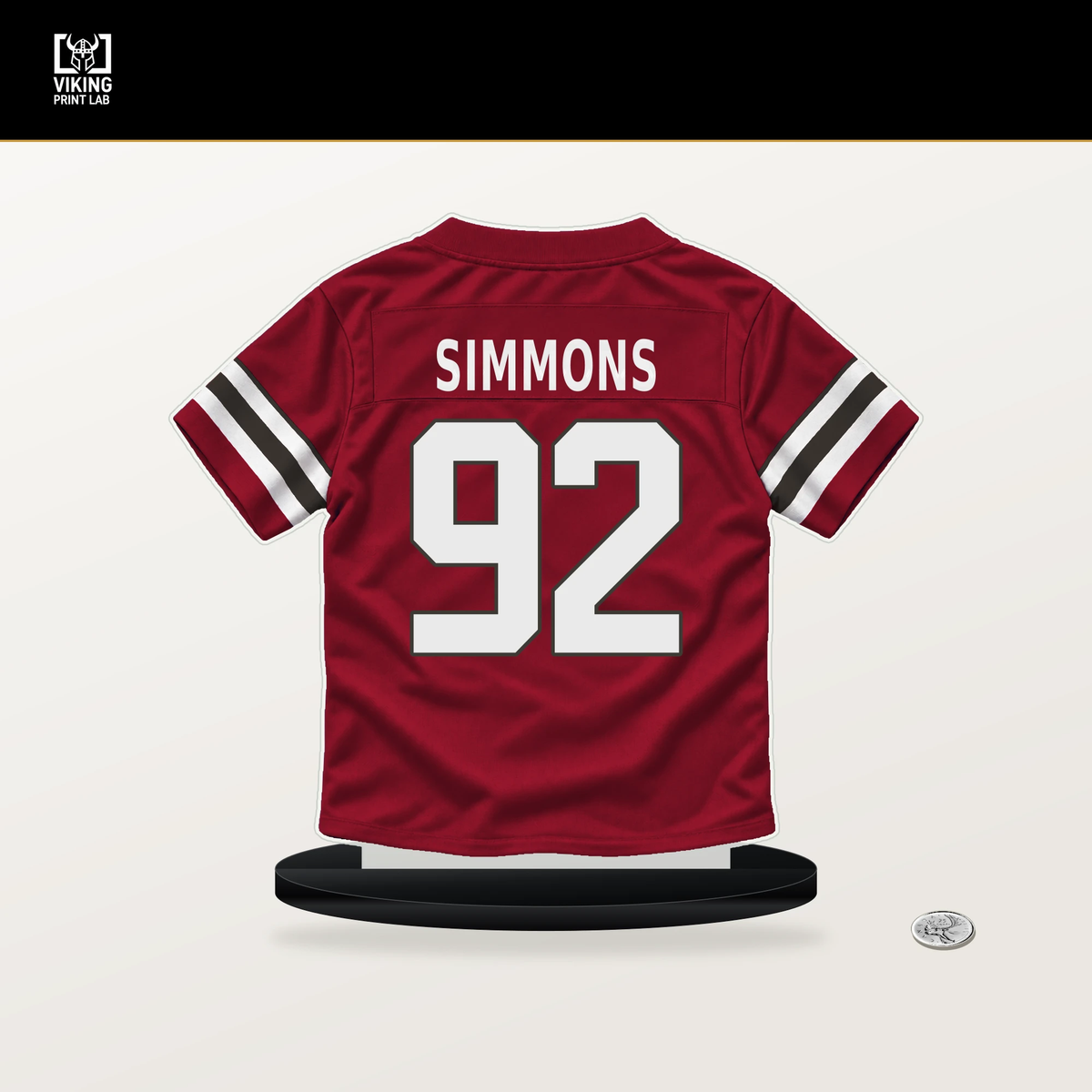 Elijah Simmons number 92 Tampa Bay Buccaneers jersey stand with included black base.