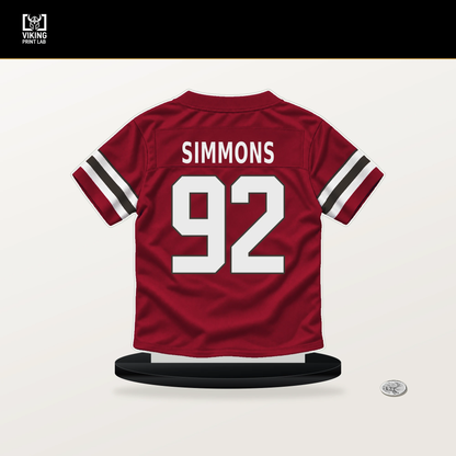 Elijah Simmons number 92 Tampa Bay Buccaneers jersey stand with included black base.