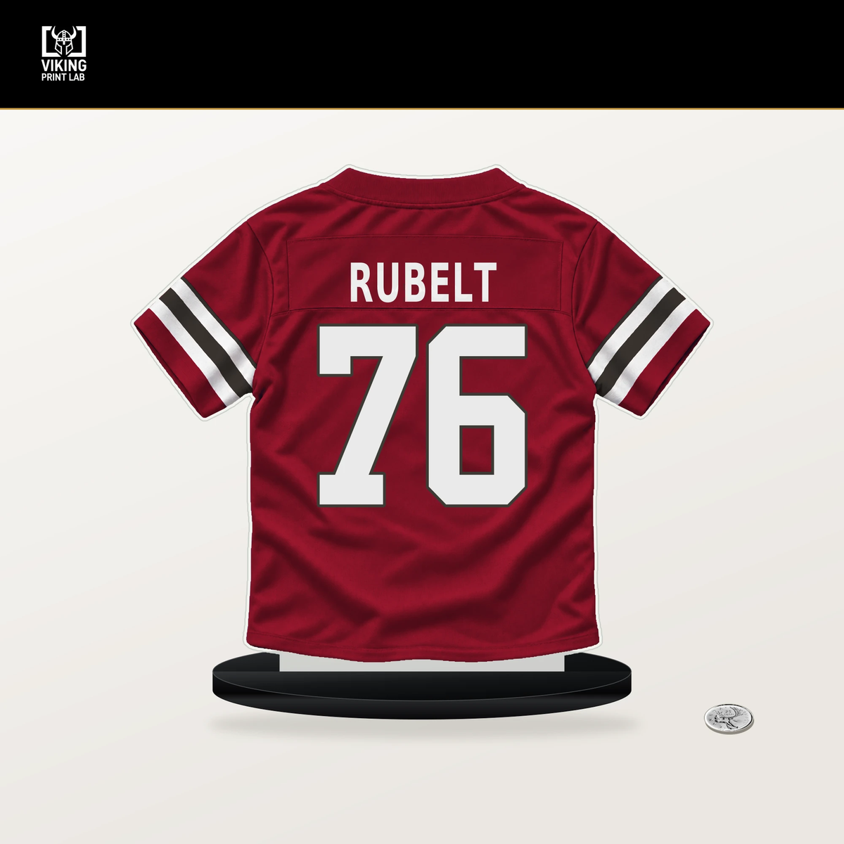 Paul Rubelt number 76 Tampa Bay Buccaneers jersey stand with included black base.
