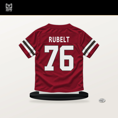 Paul Rubelt number 76 Tampa Bay Buccaneers jersey stand with included black base.
