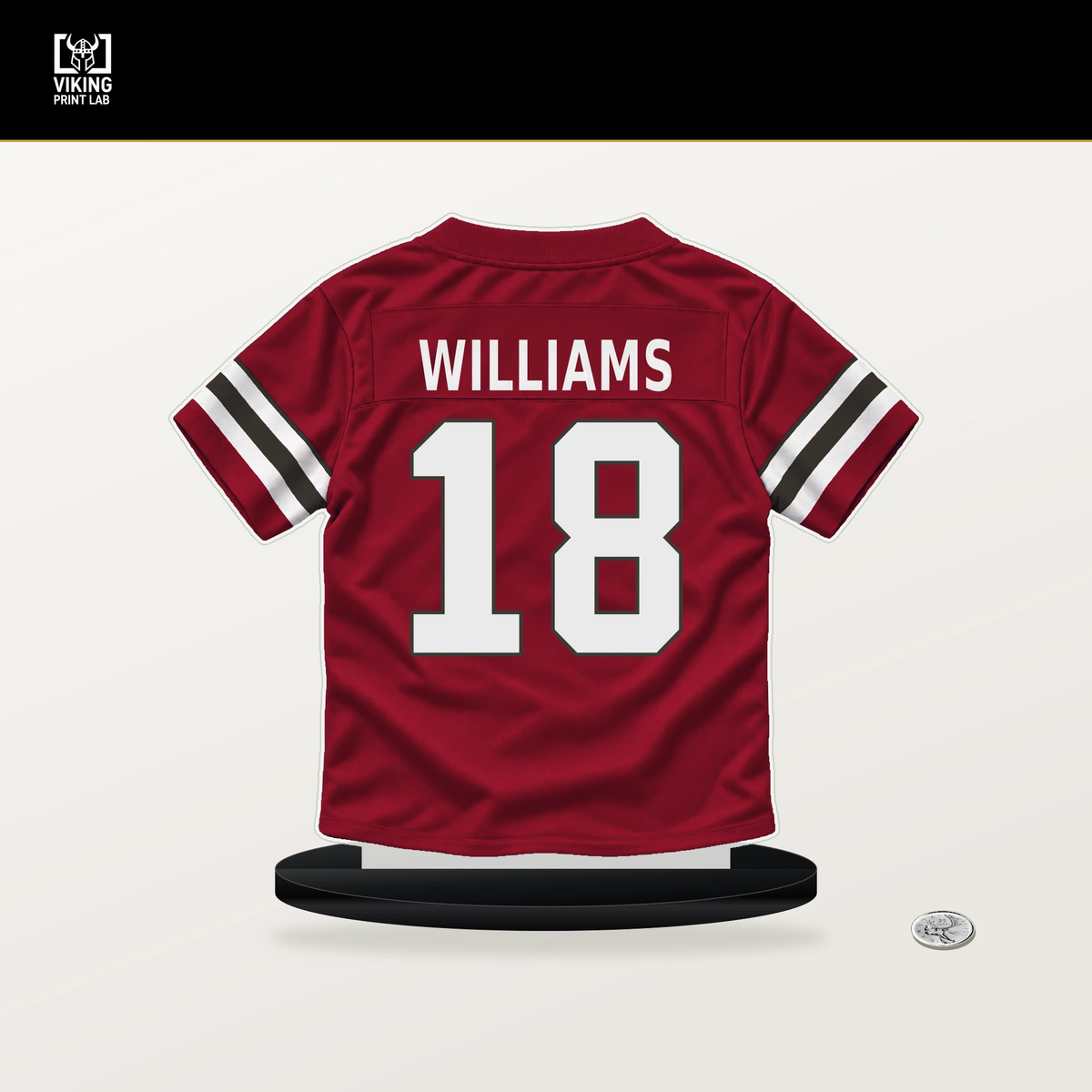 Josh Williams number 18 Tampa Bay Buccaneers jersey stand with included black base.