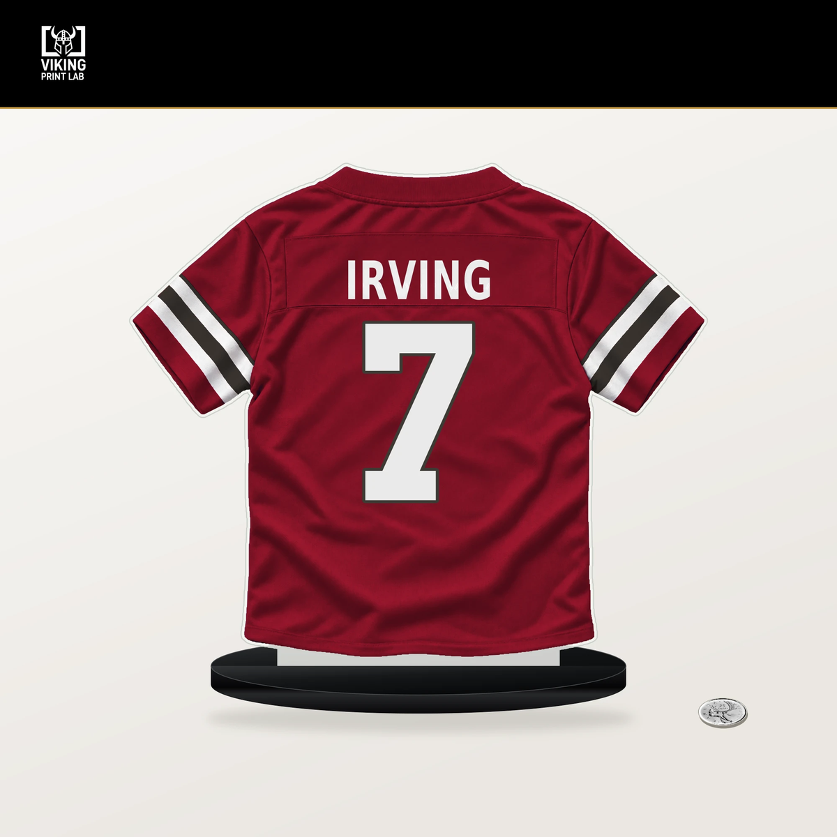 Bucky Irving number 7 Tampa Bay Buccaneers jersey stand with included black base.