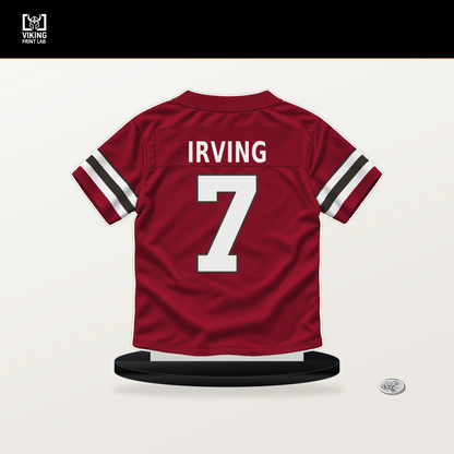Bucky Irving number 7 Tampa Bay Buccaneers jersey stand with included black base.