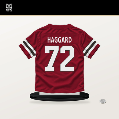 Luke Haggard number 72 Tampa Bay Buccaneers jersey stand with included black base.