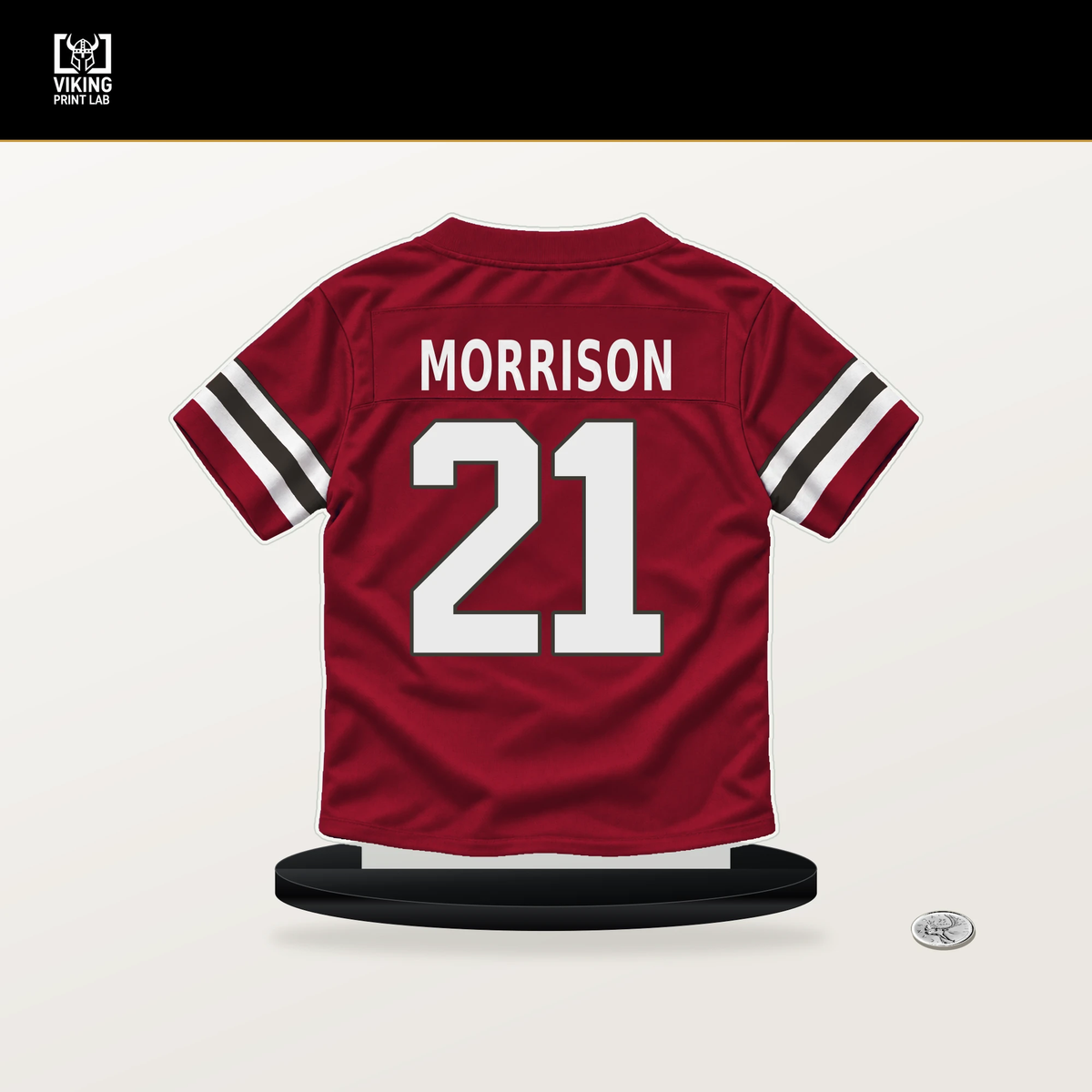 Benjamin Morrison number 21 Tampa Bay Buccaneers jersey stand with included black base.