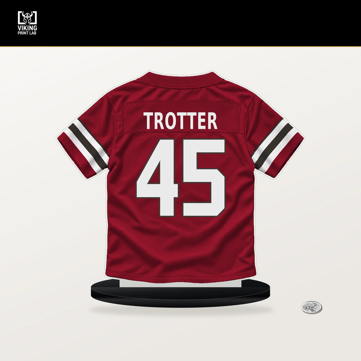 Josiah Trotter number 45 Tampa Bay Buccaneers jersey stand with included black base.
