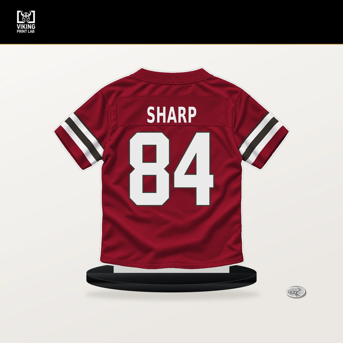 Bauer Sharp number 84 Tampa Bay Buccaneers jersey stand with included black base.