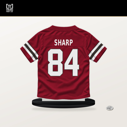 Bauer Sharp number 84 Tampa Bay Buccaneers jersey stand with included black base.