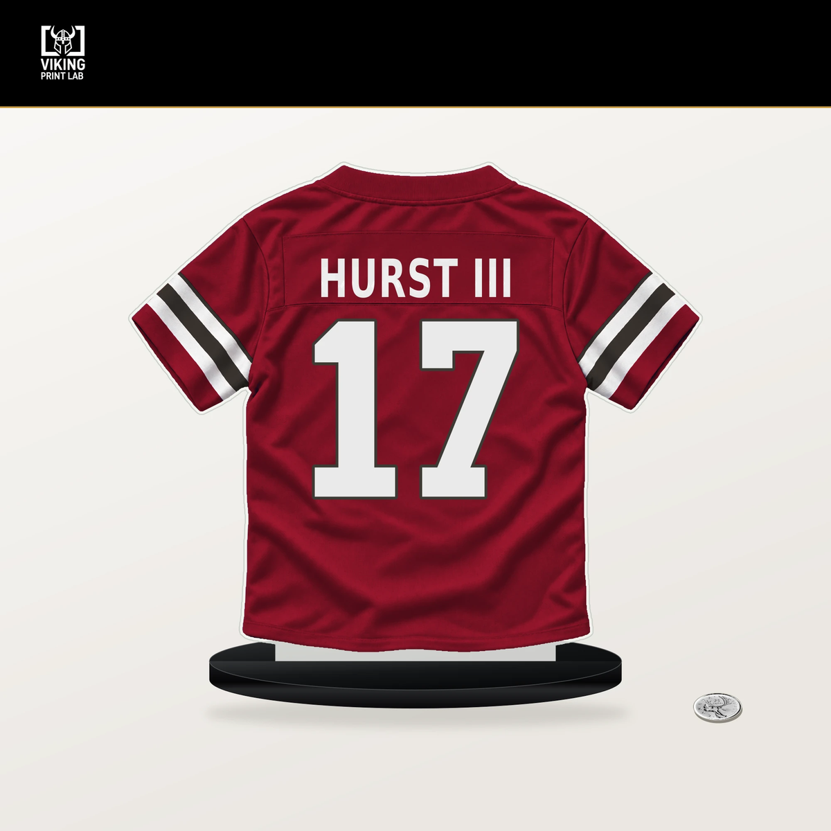 Ted Hurst III number 17 Tampa Bay Buccaneers jersey stand with included black base.