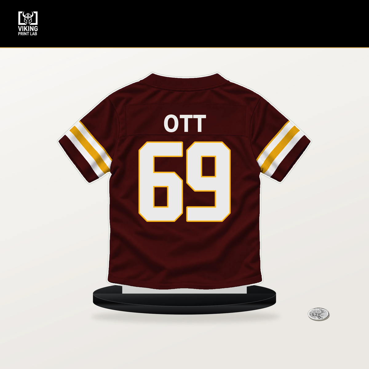 Tyler Ott number 69 Washington Commanders jersey stand with included black base.