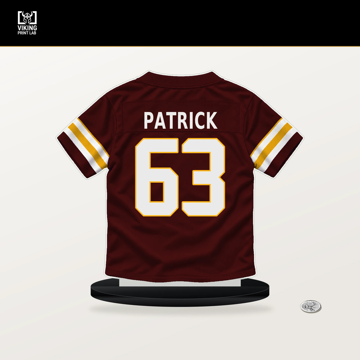 Lucas Patrick number 63 Washington Commanders jersey stand with included black base.