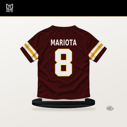 Marcus Mariota number 8 Washington Commanders jersey stand with included black base.