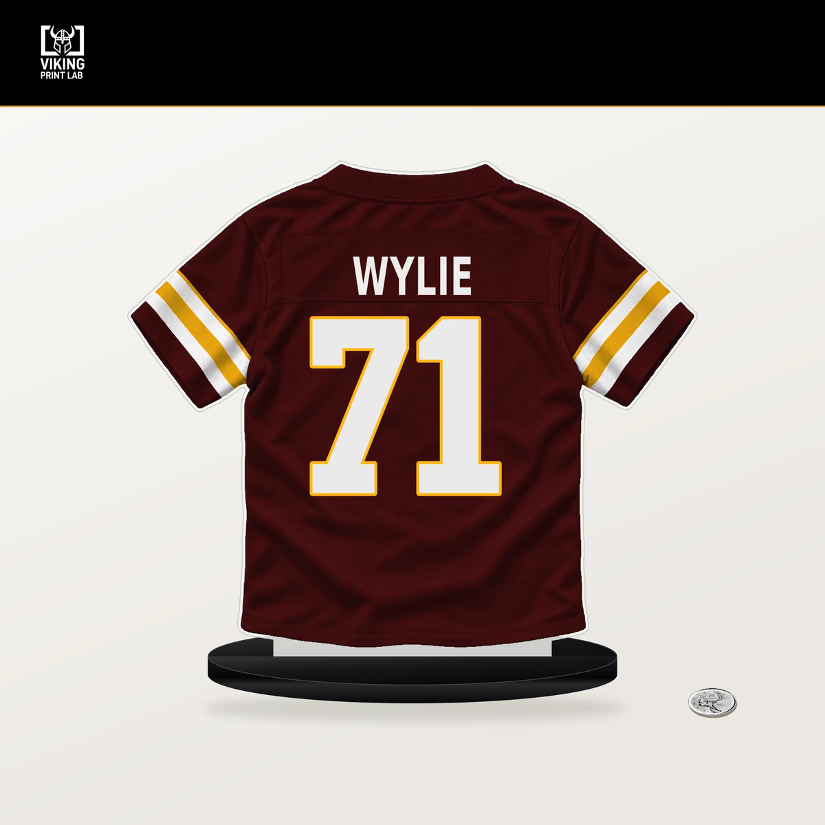 Andrew Wylie number 71 Washington Commanders jersey stand with included black base.