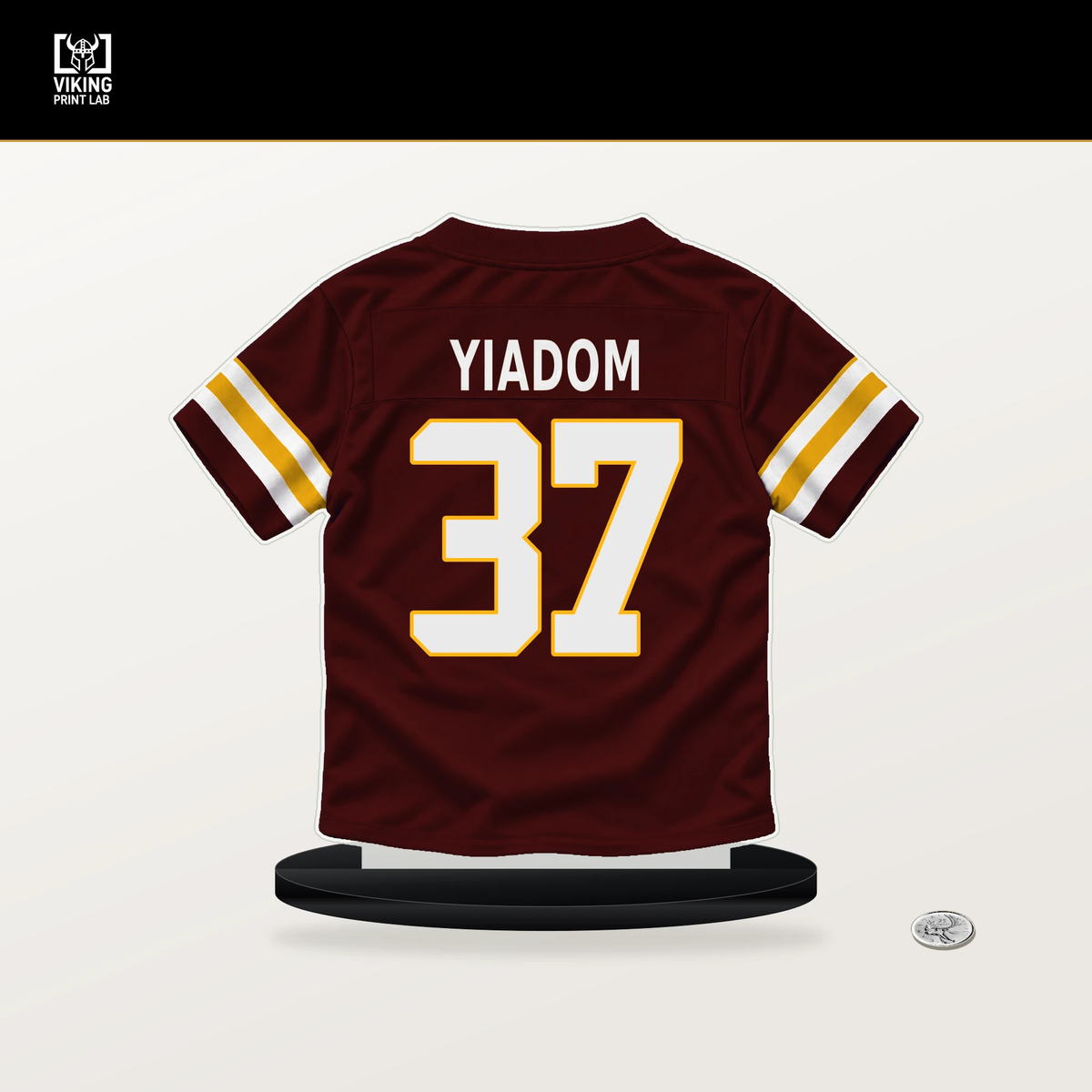 Isaac Yiadom number 37 Washington Commanders jersey stand with included black base.