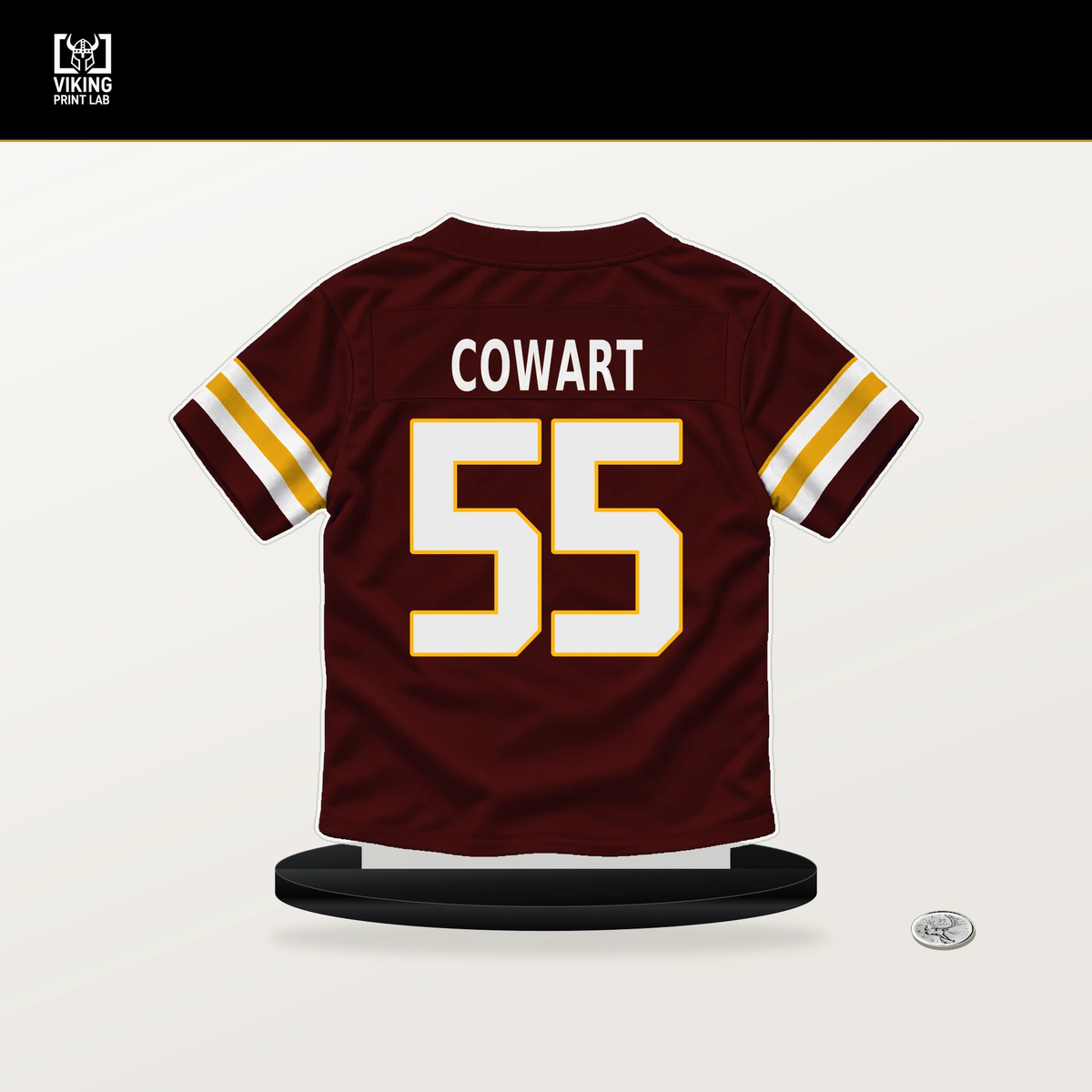 Byron Cowart number 55 Washington Commanders jersey stand with included black base.