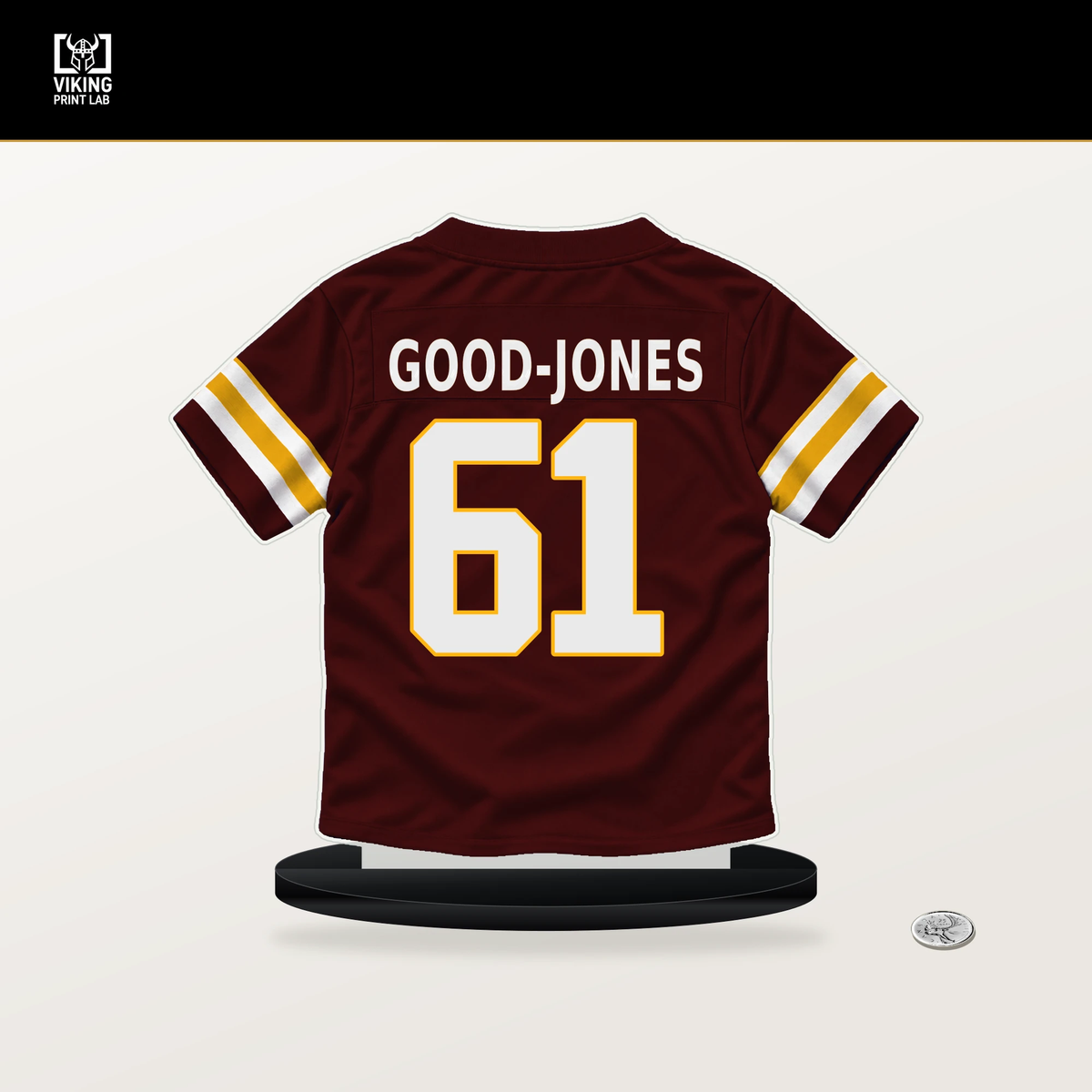 Julian Good-Jones number 61 Washington Commanders jersey stand with included black base.