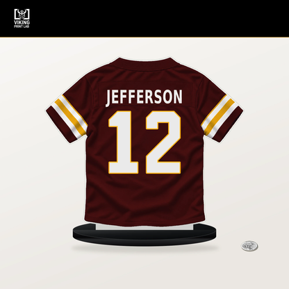 Van Jefferson number 12 Washington Commanders jersey stand with included black base.