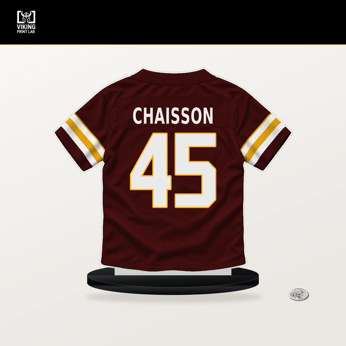 K'Lavon Chaisson number 45 Washington Commanders jersey stand with included black base.