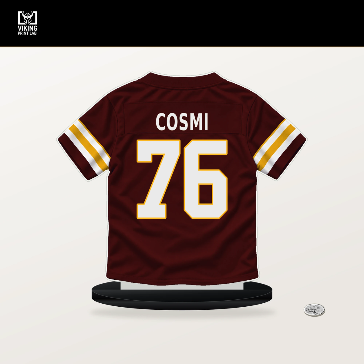 Sam Cosmi number 76 Washington Commanders jersey stand with included black base.