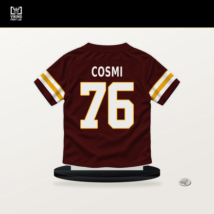 Sam Cosmi number 76 Washington Commanders jersey stand with included black base.