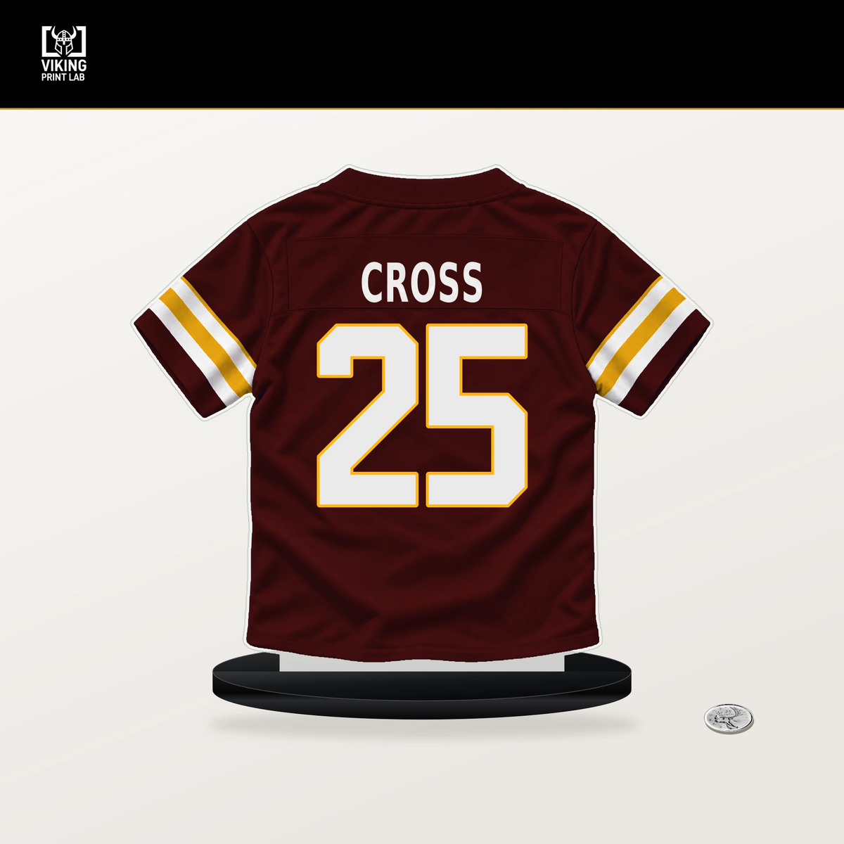 Nick Cross number 25 Washington Commanders jersey stand with included black base.