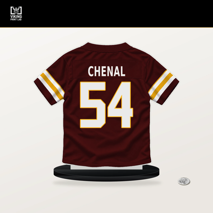 Leo Chenal number 54 Washington Commanders jersey stand with included black base.