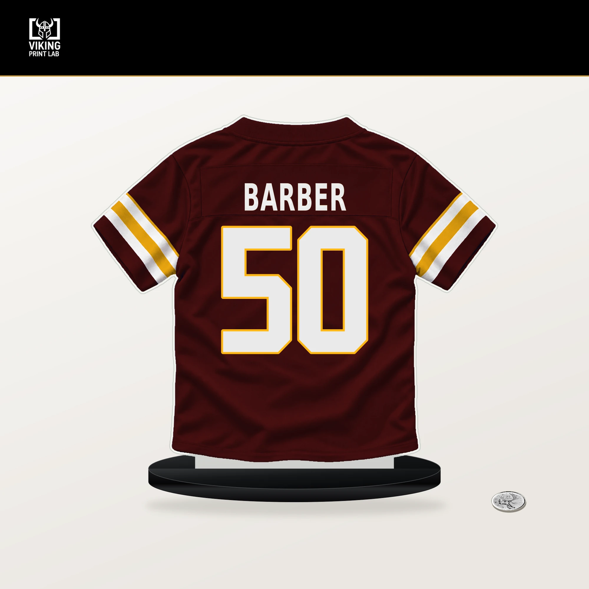 Ricky Barber number 50 Washington Commanders jersey stand with included black base.