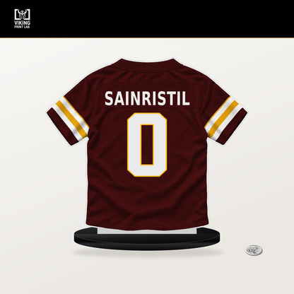 Mike Sainristil number 0 Washington Commanders jersey stand with included black base.