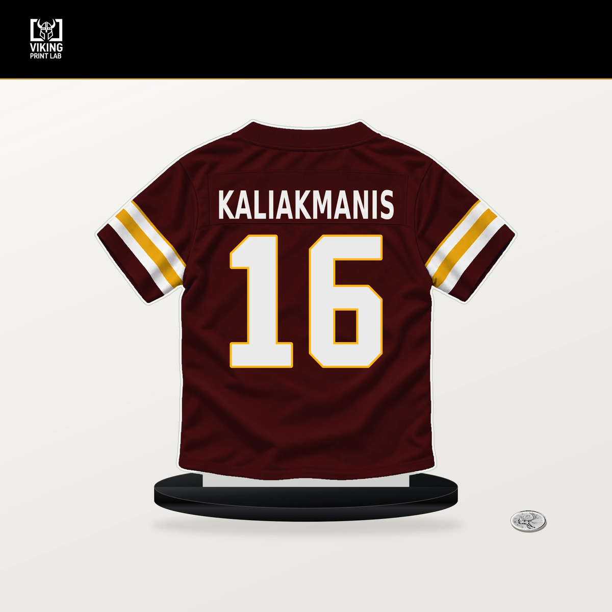 Athan Kaliakmanis number 16 Washington Commanders jersey stand with included black base.
