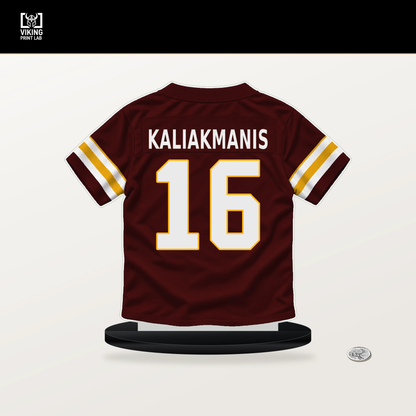Athan Kaliakmanis number 16 Washington Commanders jersey stand with included black base.
