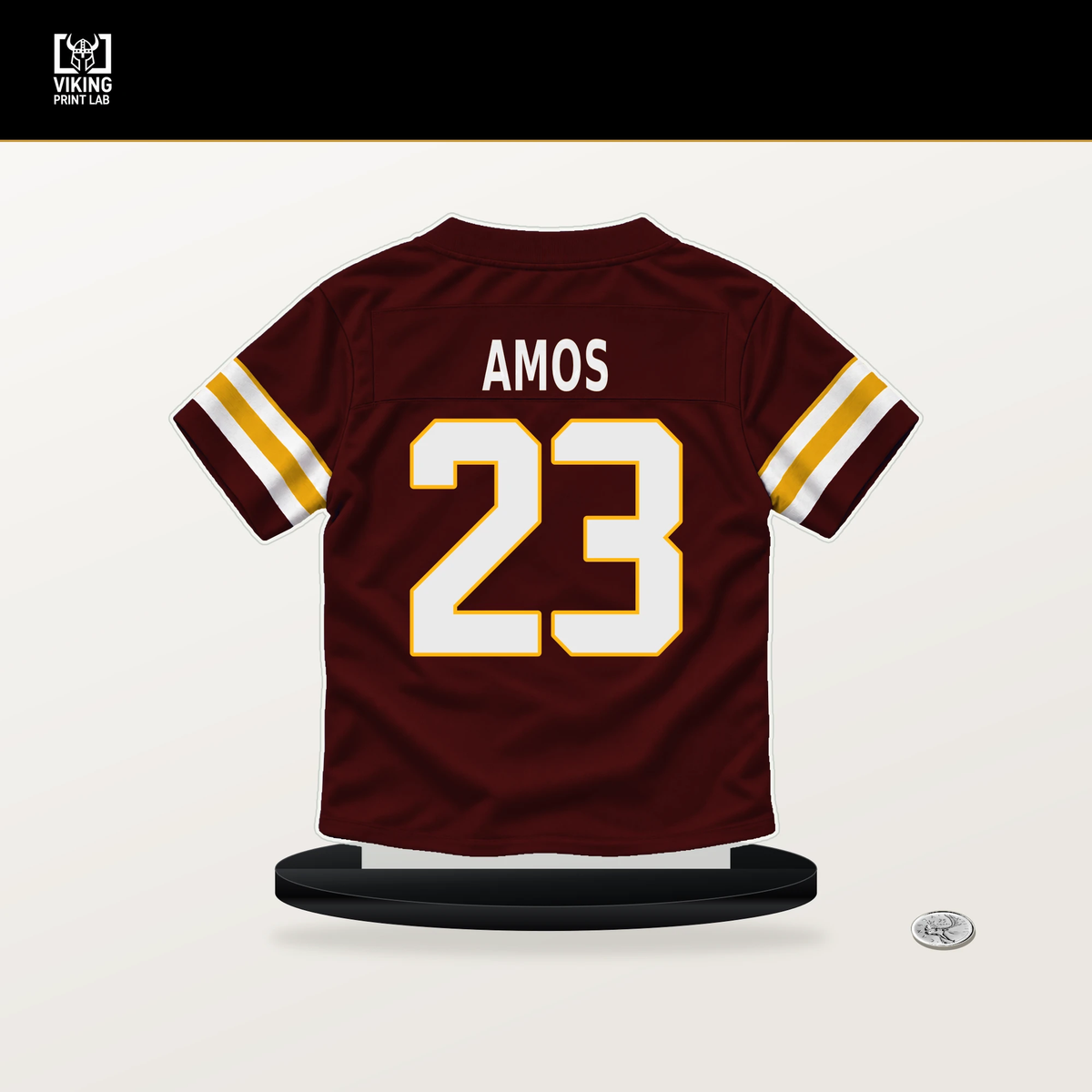 Trey Amos number 23 Washington Commanders jersey stand with included black base.