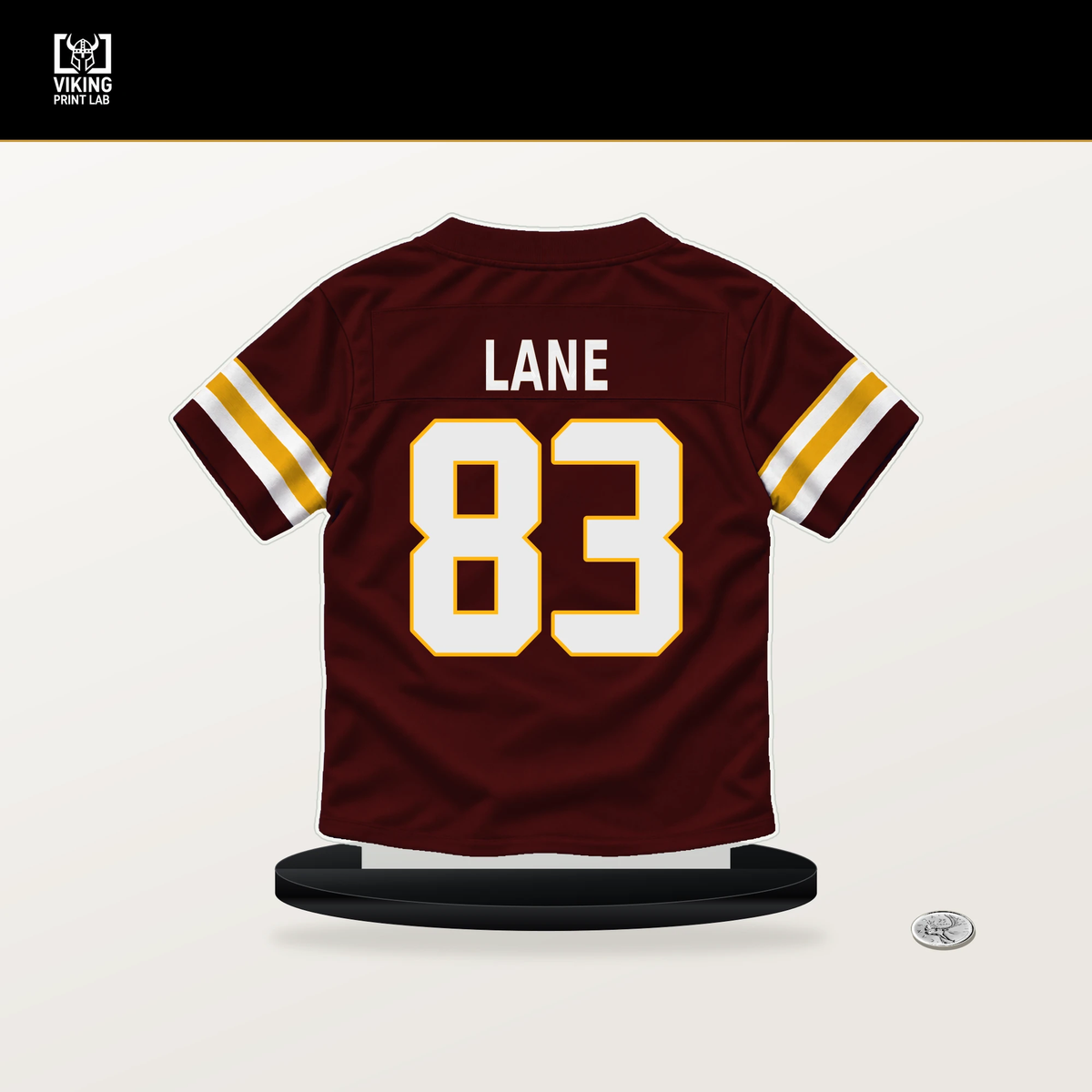 Jaylin Lane number 83 Washington Commanders jersey stand with included black base.
