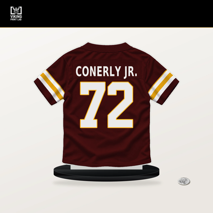 Josh Conerly Jr. number 72 Washington Commanders jersey stand with included black base.