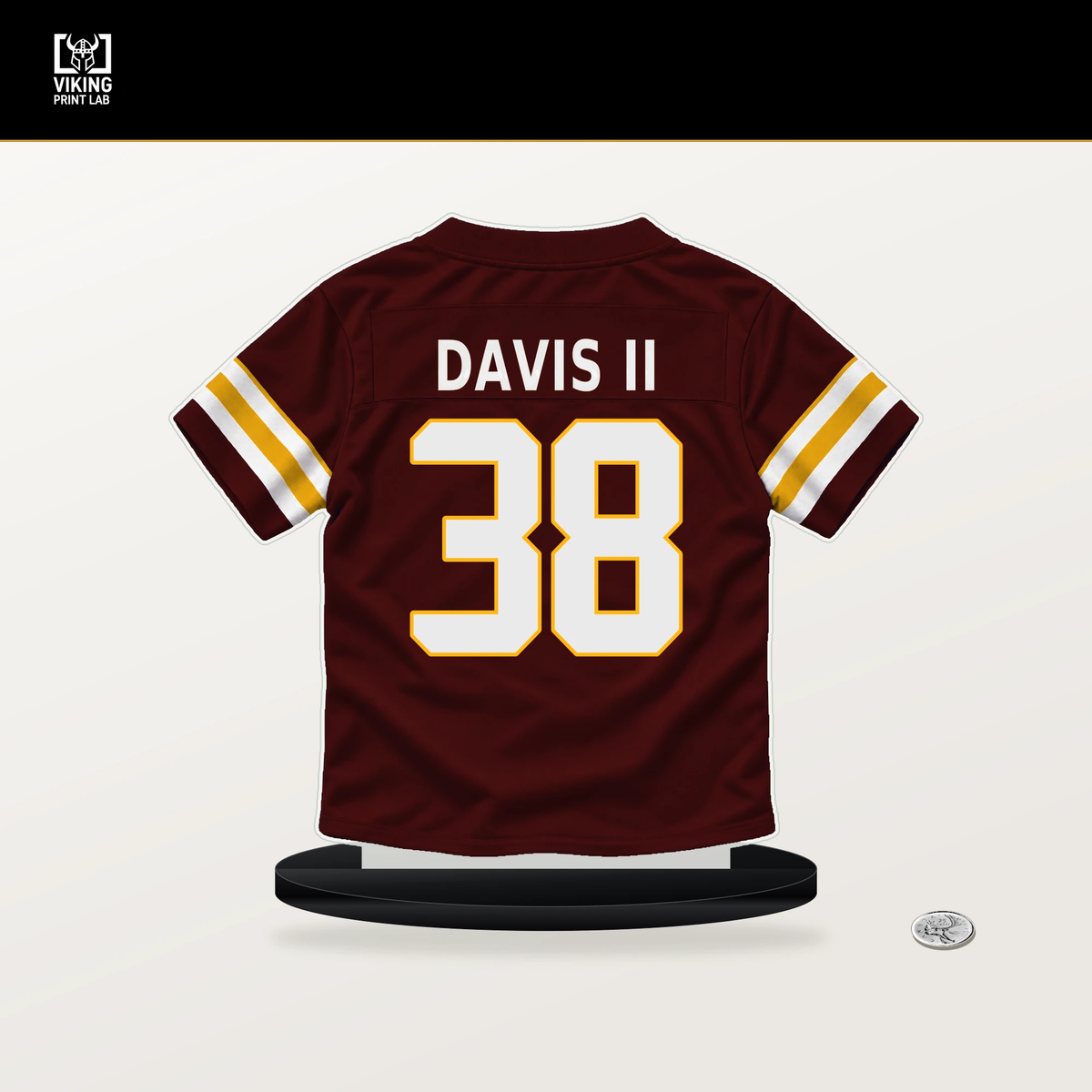 Fred Davis II number 38 Washington Commanders jersey stand with included black base.