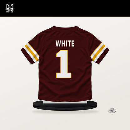 Rachaad White number 1 Washington Commanders jersey stand with included black base.