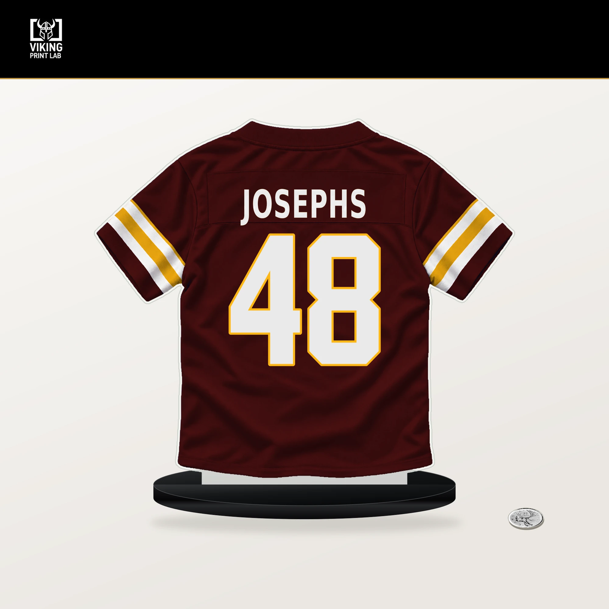 Joshua Josephs number 48 Washington Commanders jersey stand with included black base.