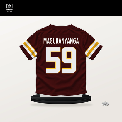 T.J. Maguranyanga number 59 Washington Commanders jersey stand with included black base.