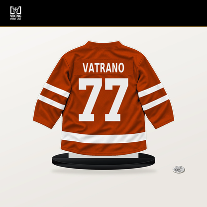 Frank Vatrano number 77 Anaheim Ducks jersey stand with included black base.
