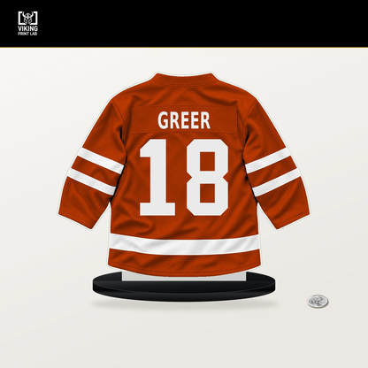 A.J. Greer number 18 Anaheim Ducks jersey stand with included black base.