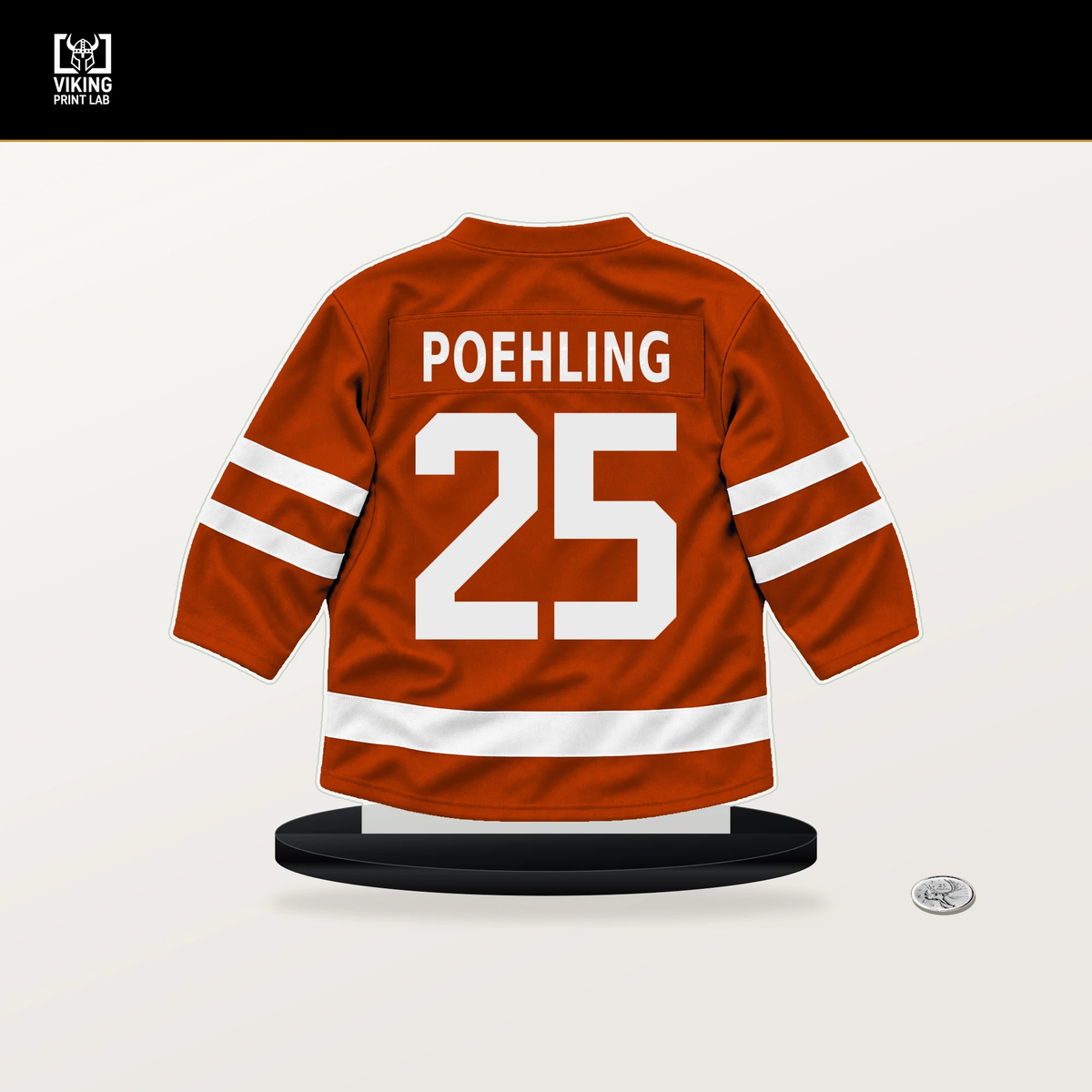 Ryan Poehling number 25 Anaheim Ducks jersey stand with included black base.