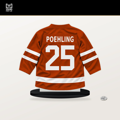 Ryan Poehling number 25 Anaheim Ducks jersey stand with included black base.