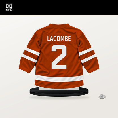 Jackson LaCombe number 2 Anaheim Ducks jersey stand with included black base.