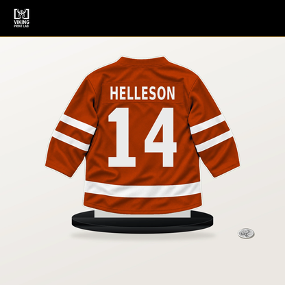 Drew Helleson number 14 Anaheim Ducks jersey stand with included black base.