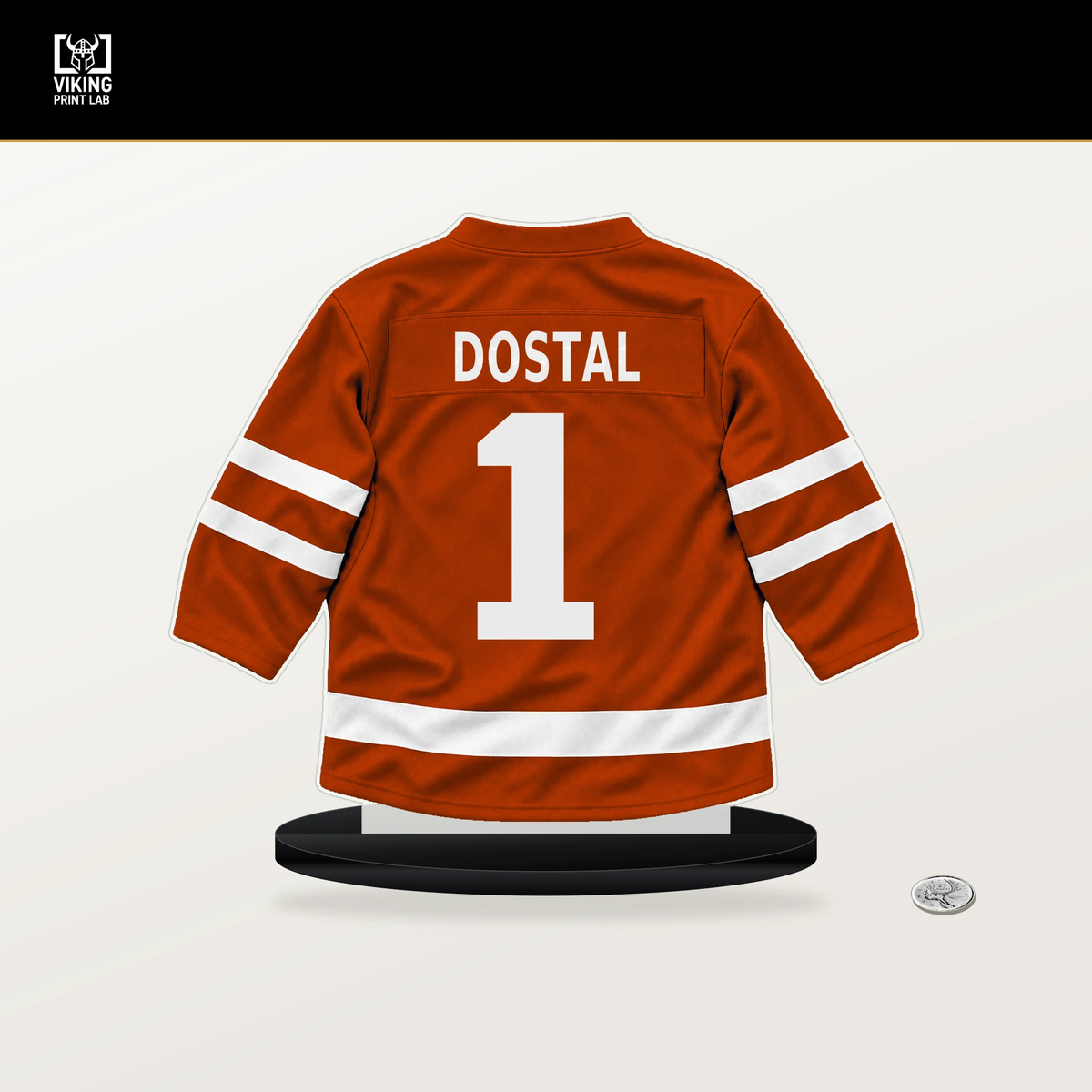 Lukas Dostal number 1 Anaheim Ducks jersey stand with included black base.