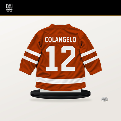 Sam Colangelo number 12 Anaheim Ducks jersey stand with included black base.