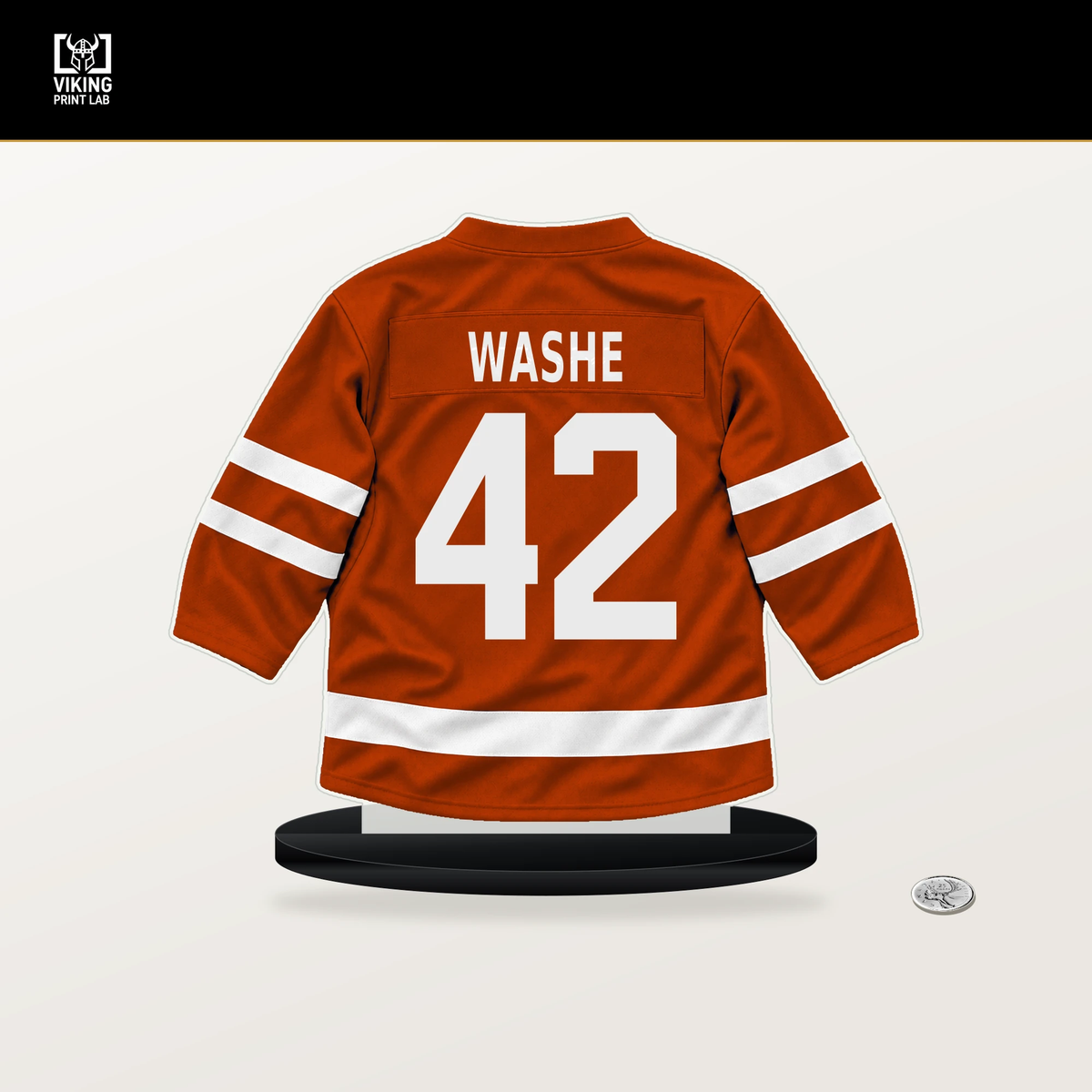 Tim Washe number 42 Anaheim Ducks jersey stand with included black base.